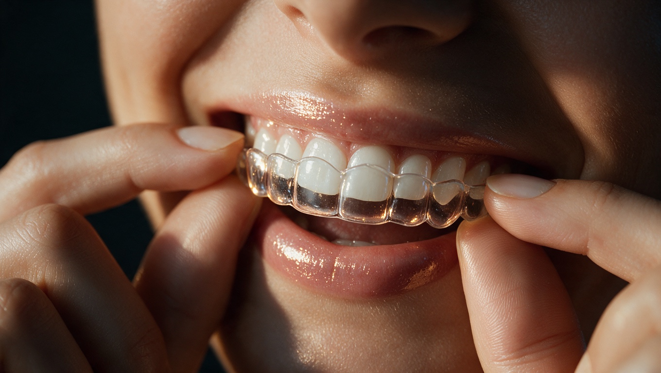 Fingers placing a crystal-clear aligner onto a bright smile