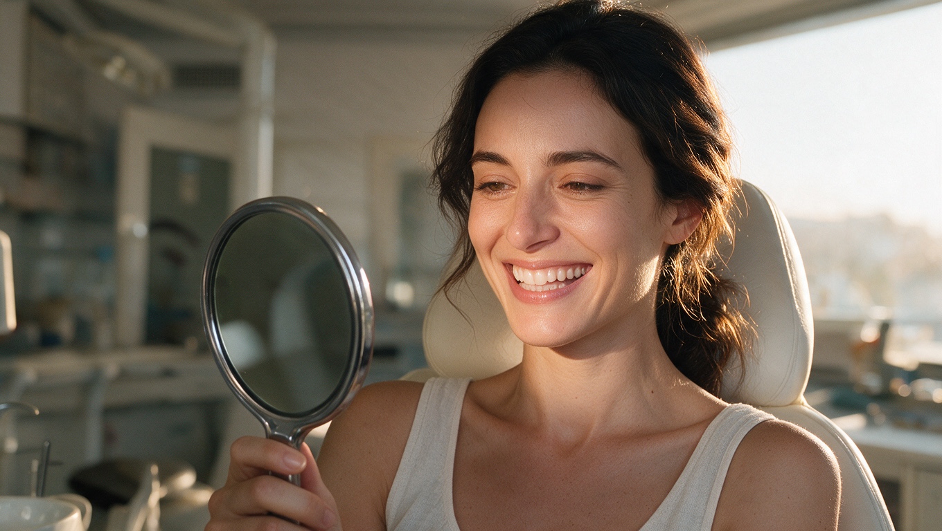 A patient holding a mirror close, admiring her new smile in golden light